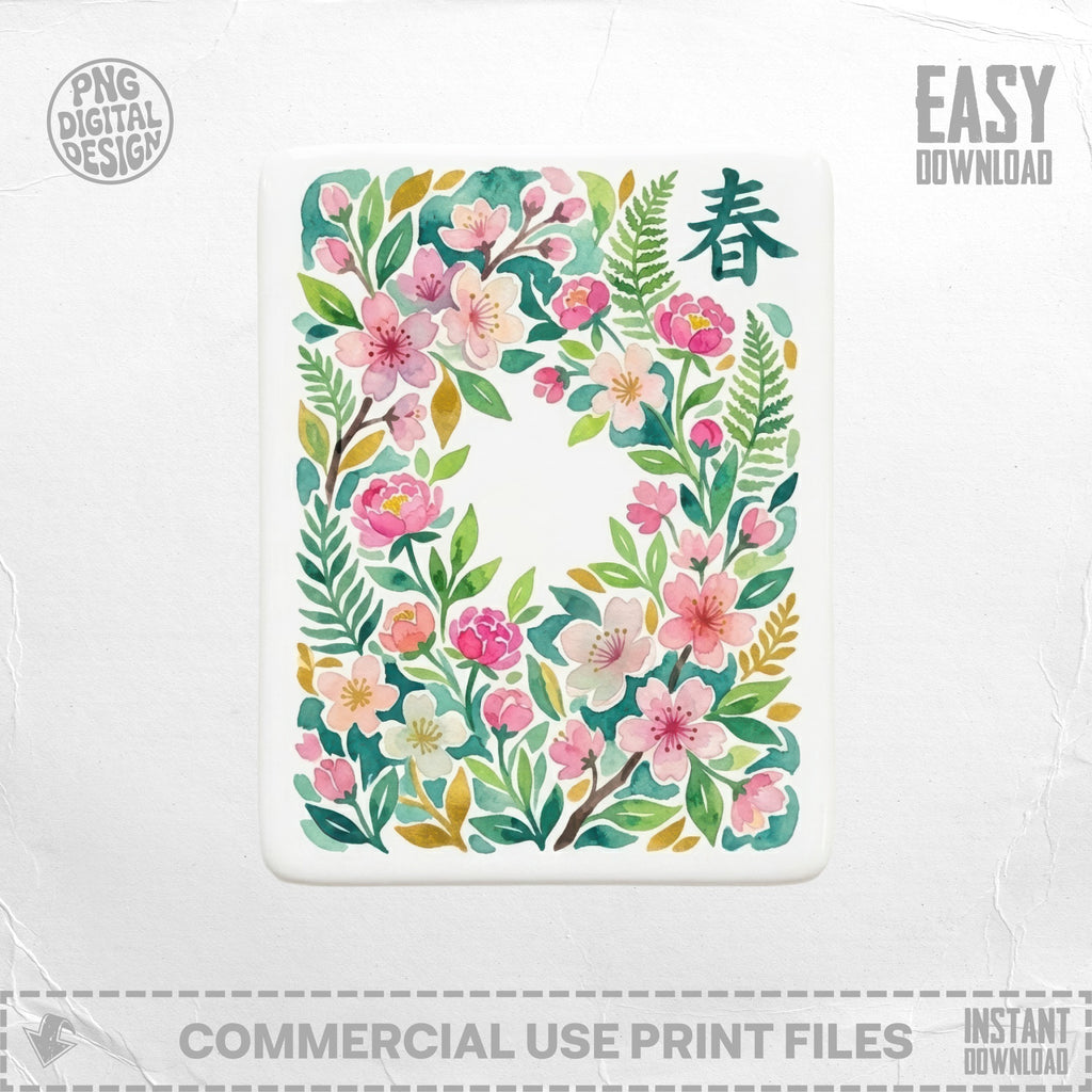 Floral border with green leaves and pink flowers, Chinese character for Spring.