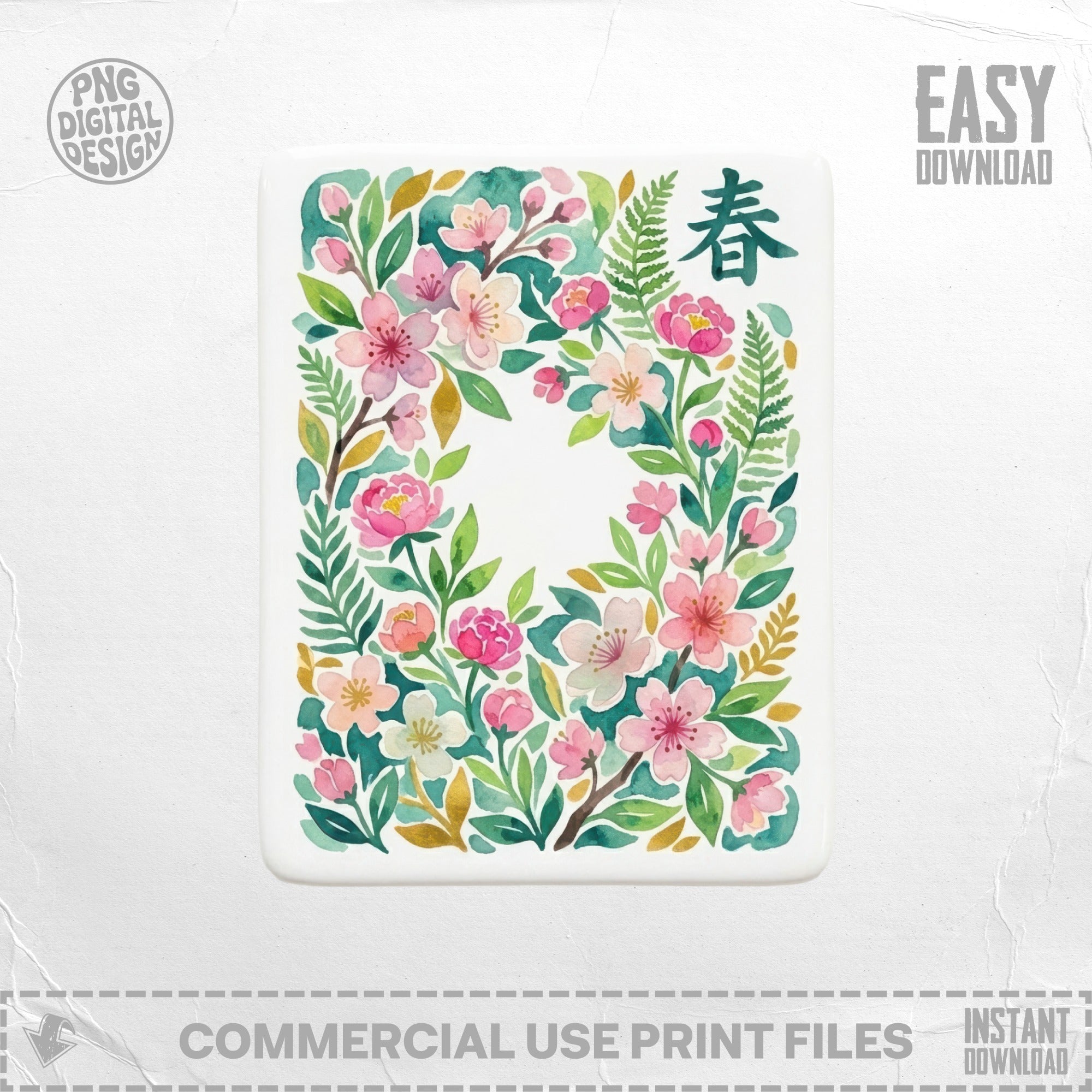 Floral border with green leaves and pink flowers, Chinese character for Spring.