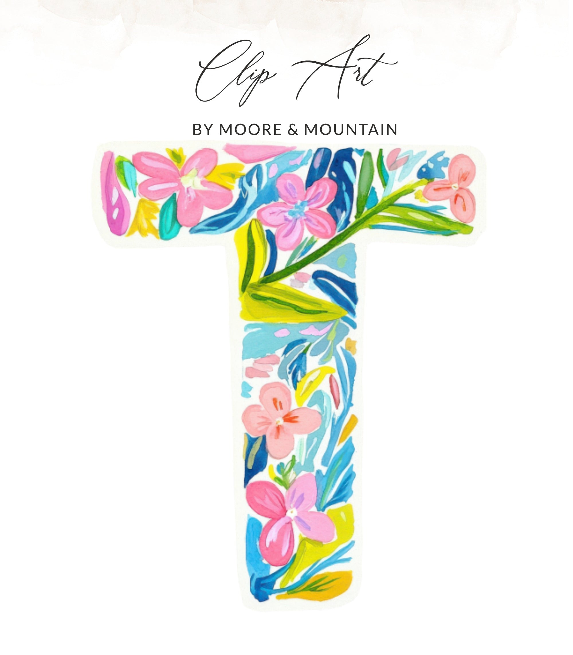 Floral letter T clip art by Moore & Mountain with pink flowers.