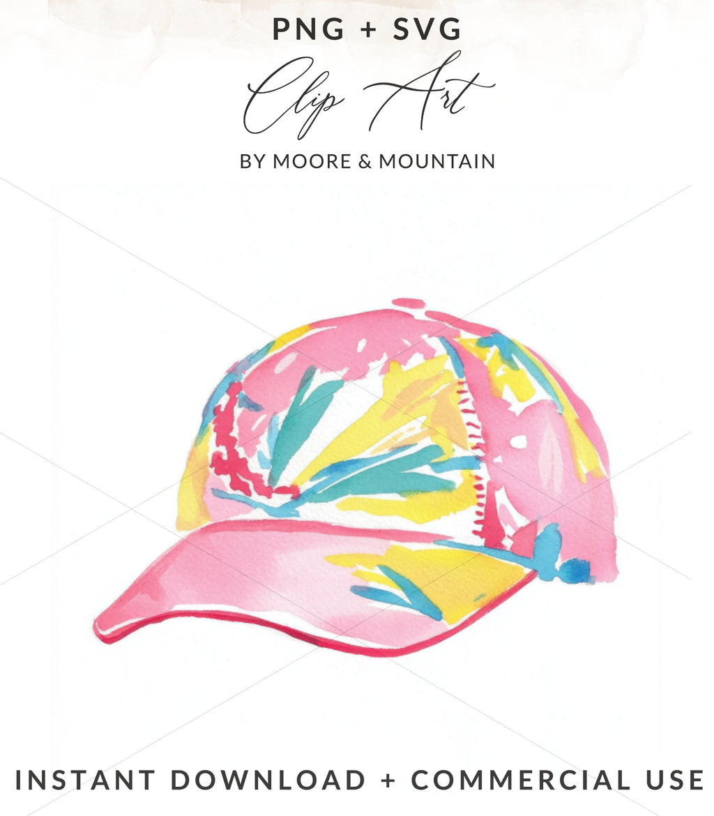 Watercolor baseball cap with abstract pink, blue, and yellow brushstrokes.