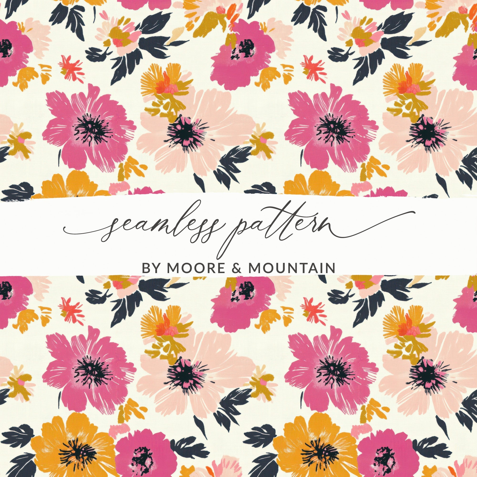 Seamless pattern of pink, yellow, and white floral illustrations on a cream background.