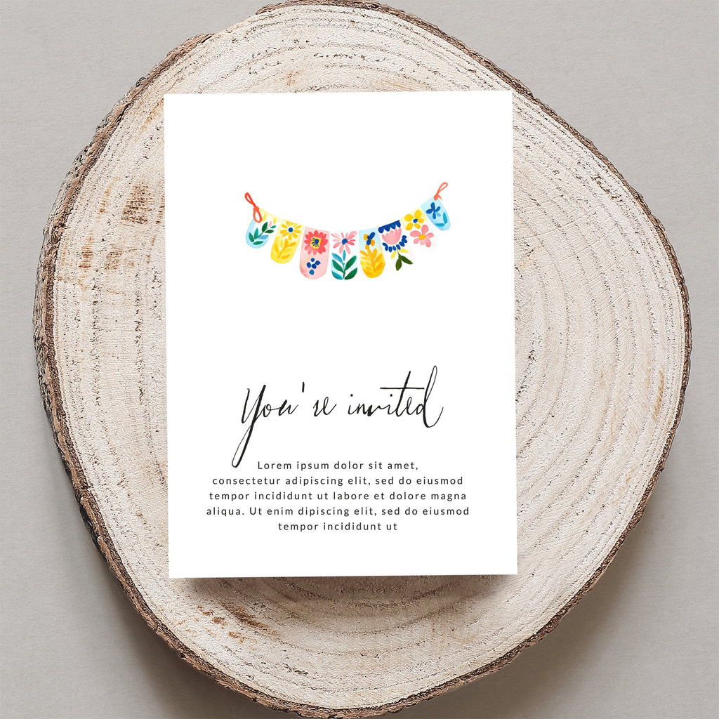 Invitation with colorful garland, text "You're invited" and placeholder copy.