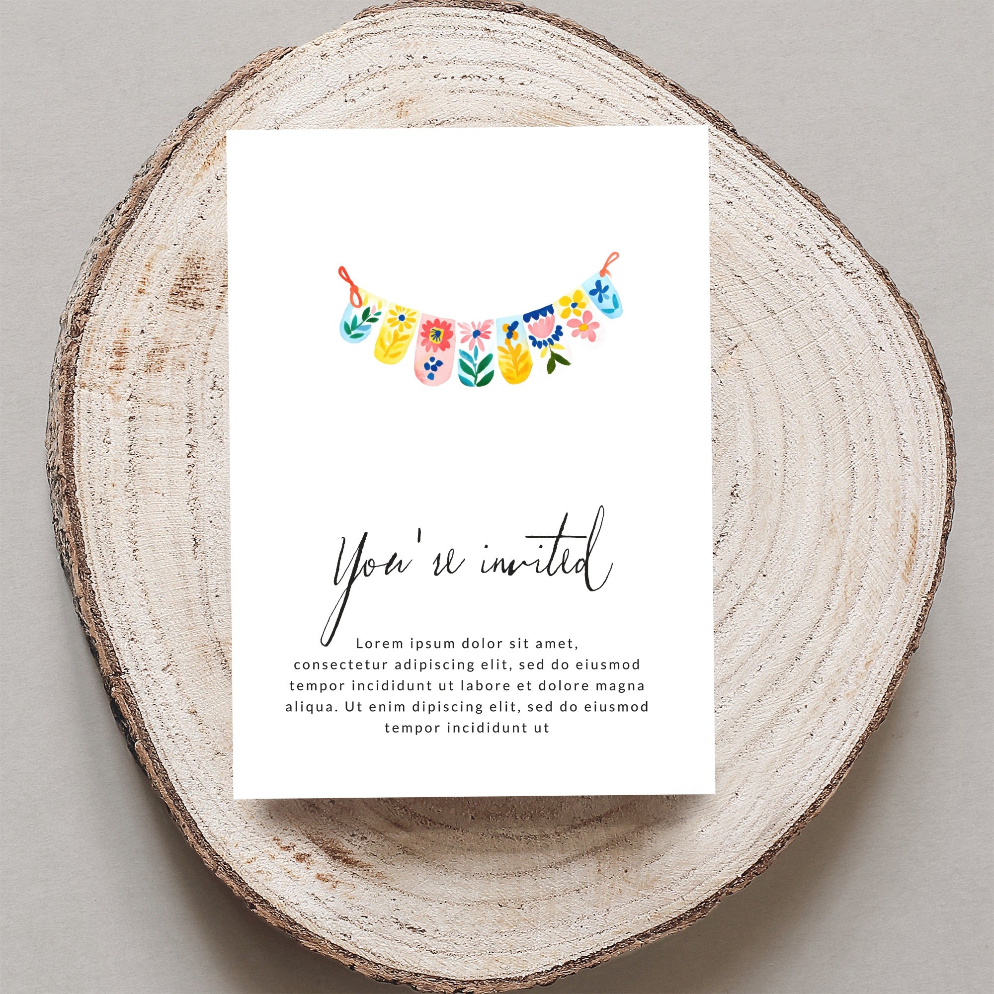 Invitation with colorful garland, text "You're invited" and placeholder copy.