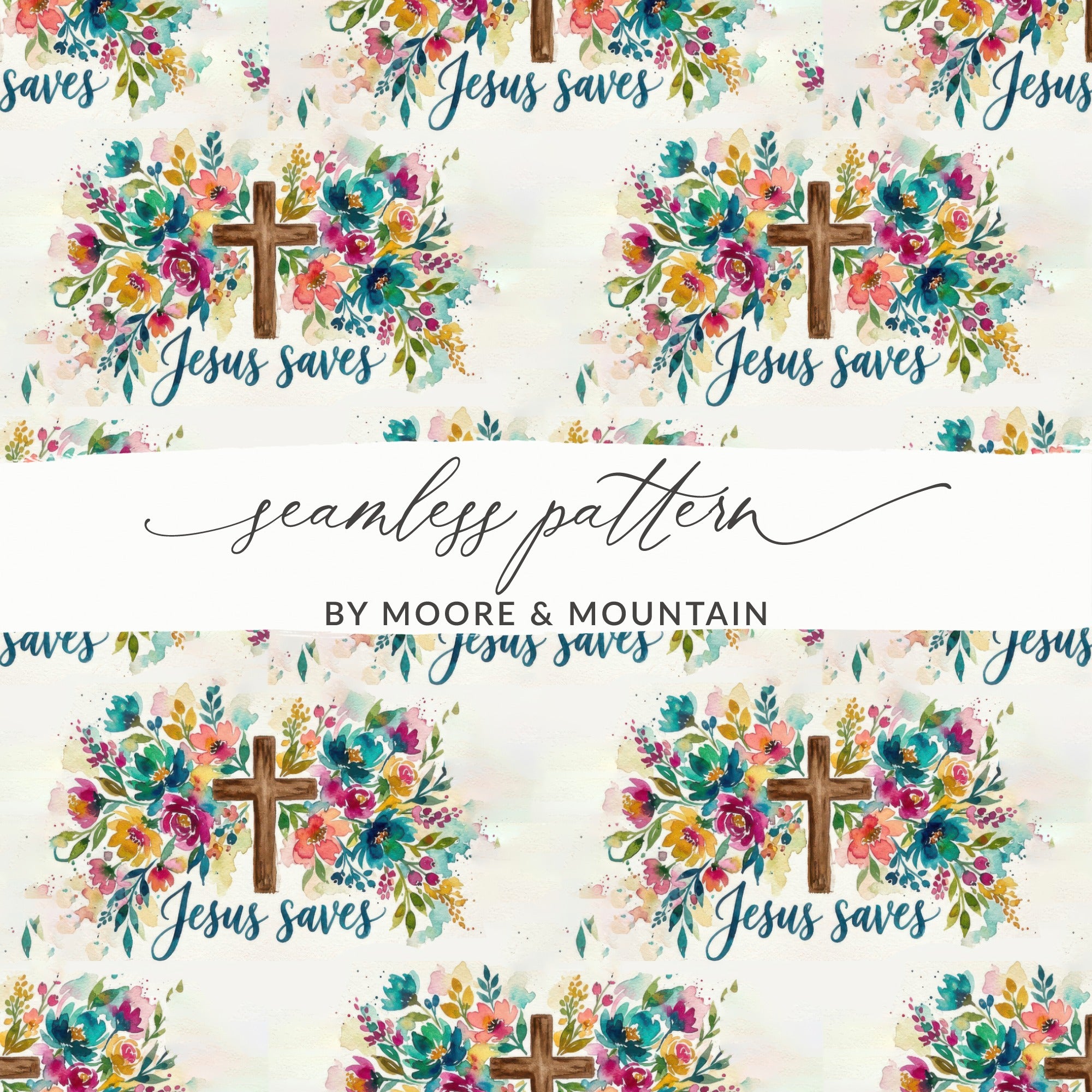 Moore & Mountain Jesus Saves Floral Cross Seamless Pattern product type
Jesus Saves
Christian Pattern
Religious Design
Faith Art
Watercolor Floral
Floral Cross
Seamless Repeat
Digital Paper
Fabric Print
Scripture Art
Hope Theme
Colorful Flowers
Teal Pink Yellow
Worship Decor
Spiritual Gift
Cross Design
Divine Love
Inspirational Art
Moore Mountain
Flower Pattern