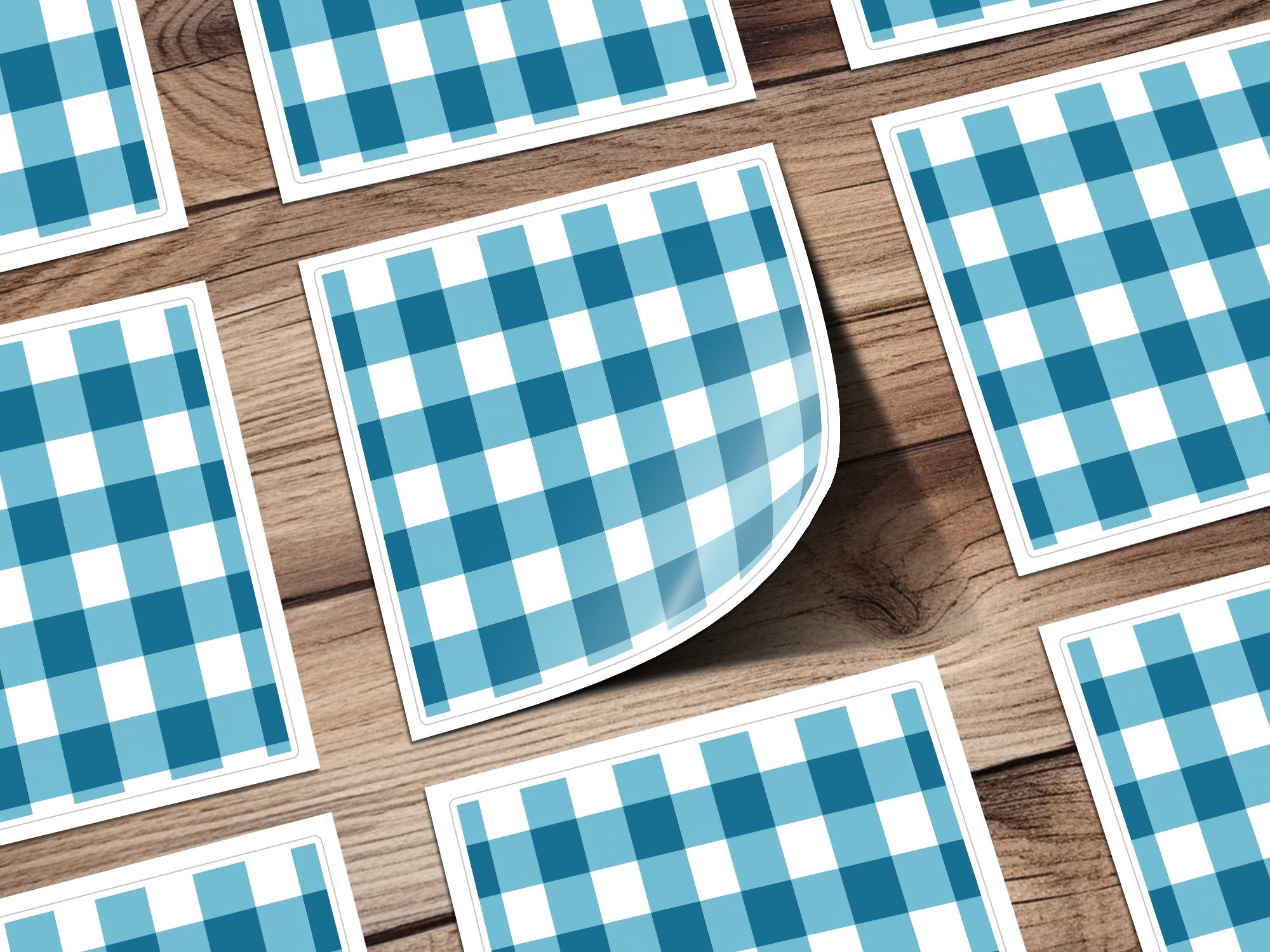 Blue Gingham Pattern Waterproof Glossy Sticker Sheets