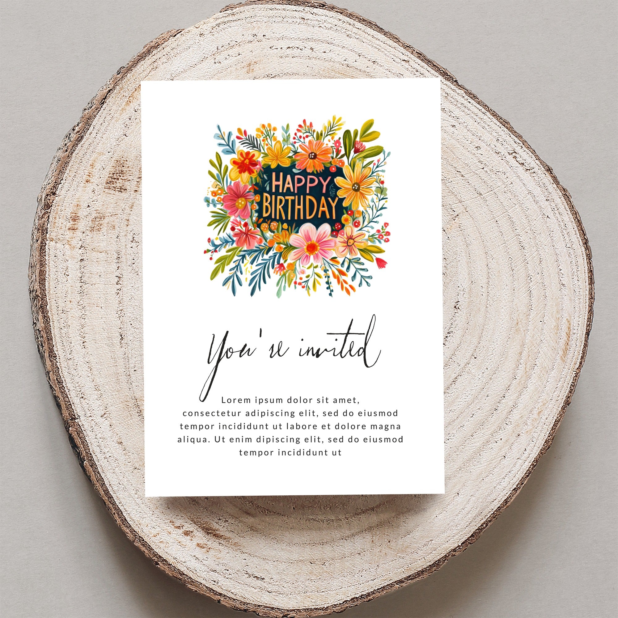 Birthday invitation with floral border and "You're invited" text.