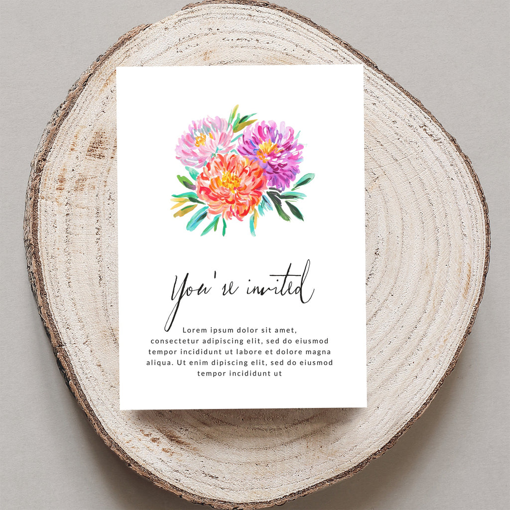 Invitation card with watercolor flowers and "You're invited" text.