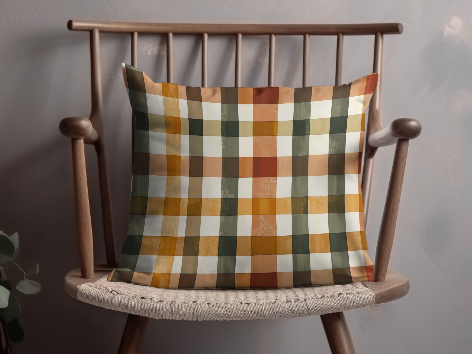 Rustic Autumn Checkered Pattern Decorative Pillow Cover