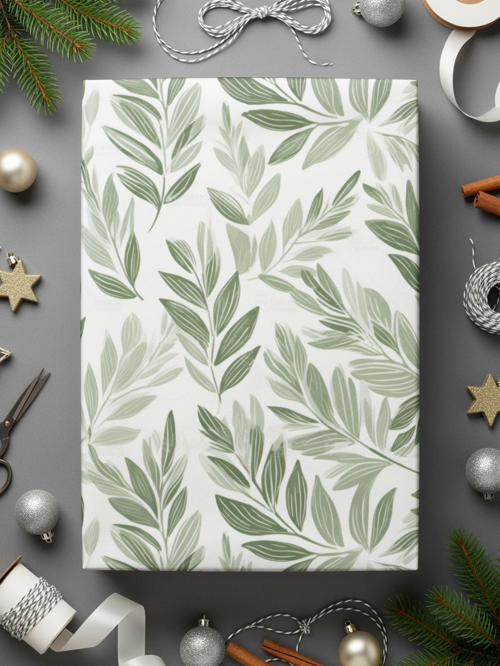 Elegant Green Leaf Design Festive Wrapping Paper