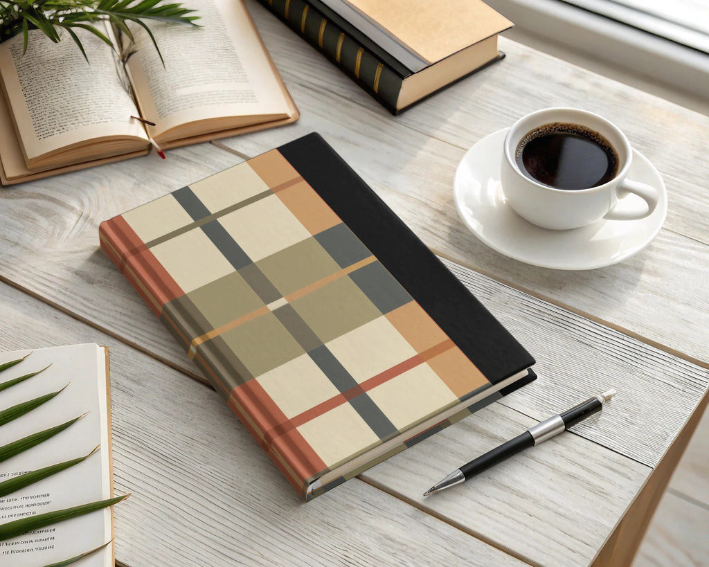 Stylish Beige and Black Plaid Design Hardcover Journal