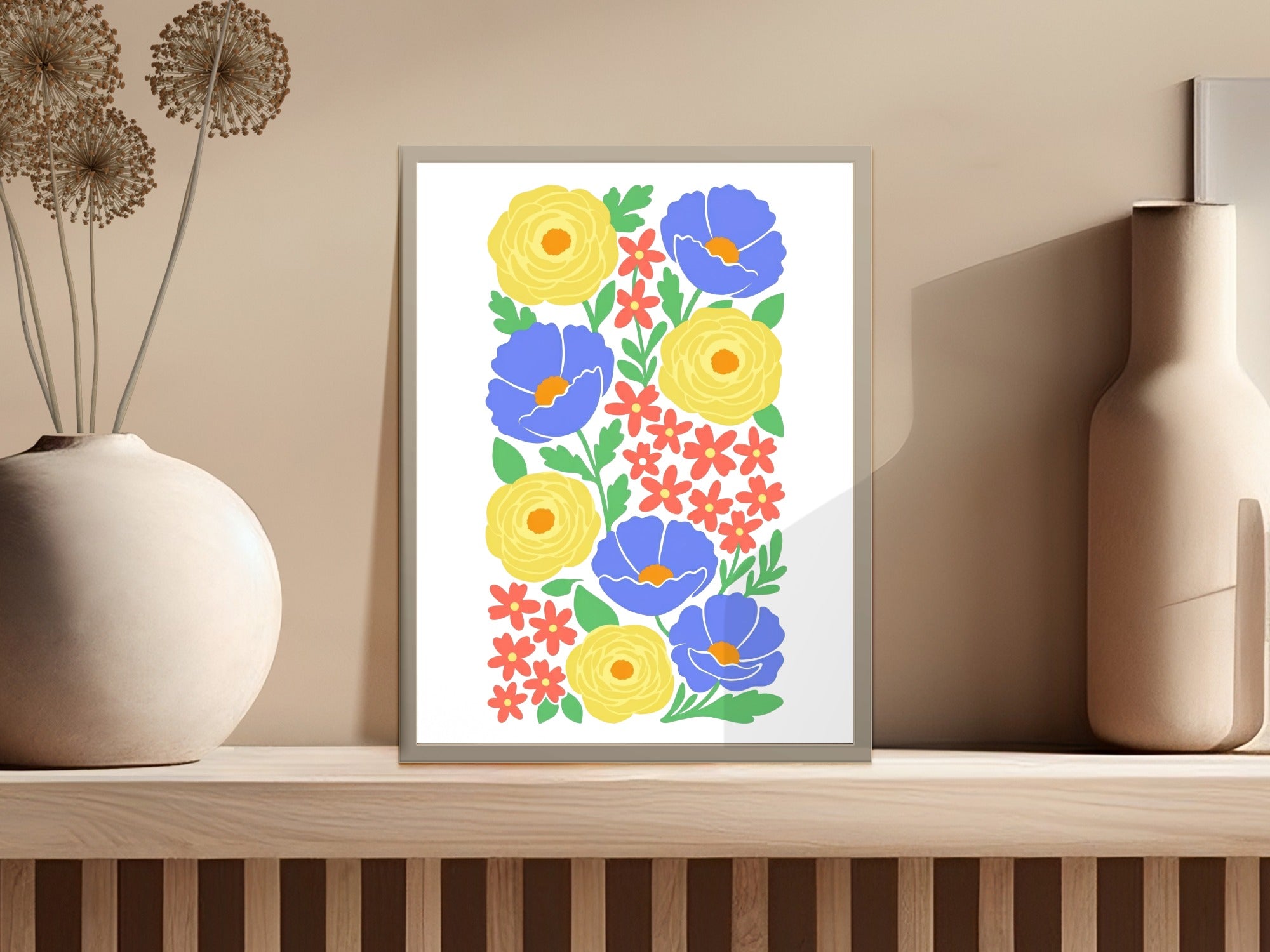 Abstract floral art print with yellow and blue flowers and green stems.