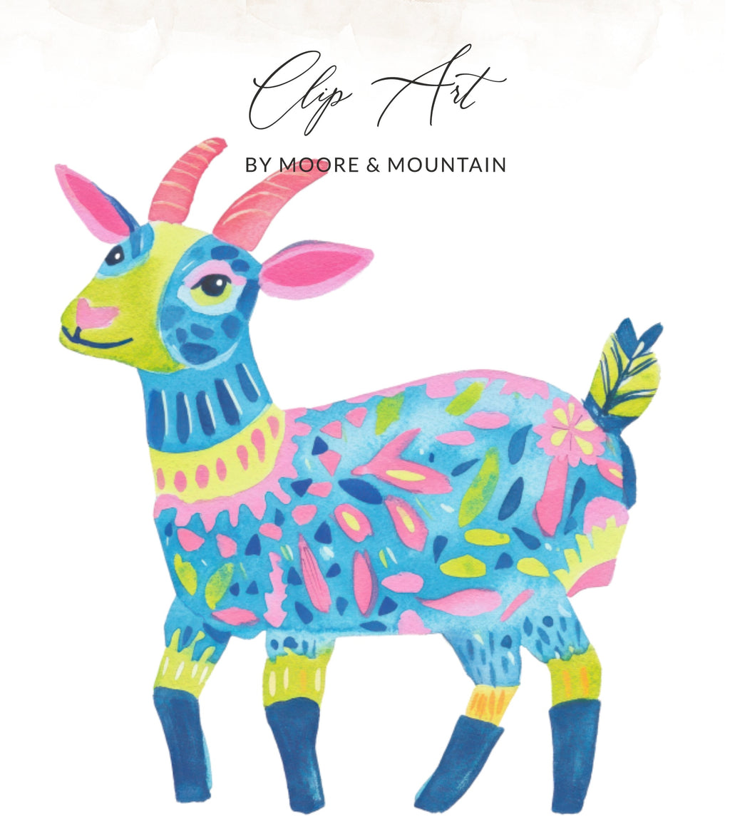 Colorful, stylized goat clip art with "Clip Art" and "BY MOORE & MOUNTAIN" text.