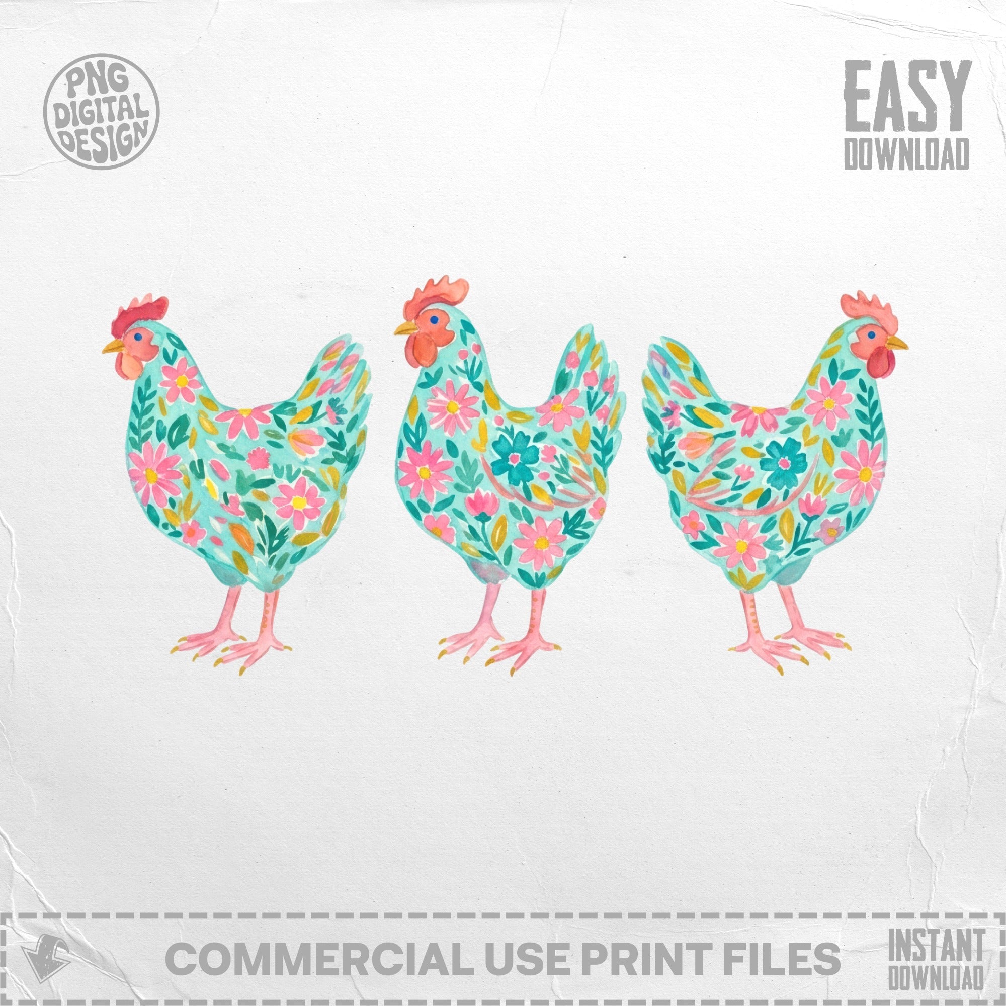 Three patterned chickens with floral designs stand side-by-side.
