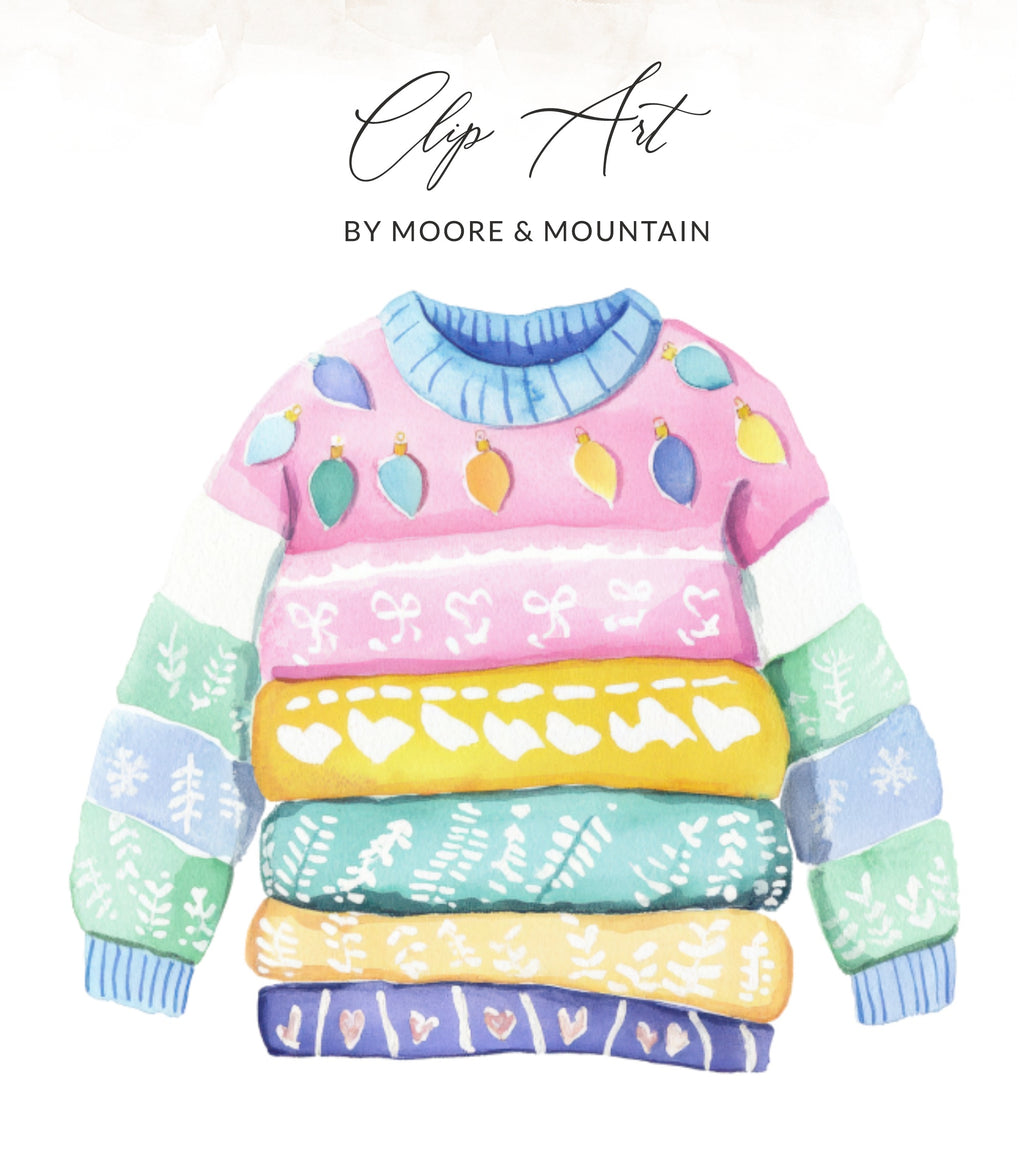 Watercolor illustration of a stacked stack of colorful sweaters with holiday patterns.