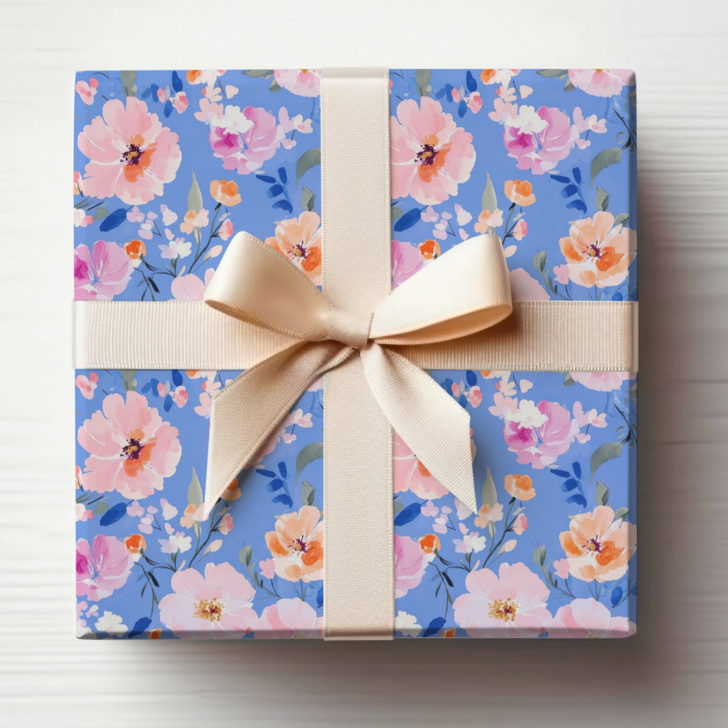 Blue Floral Pattern Gift Wrap with Beige Ribbon product