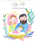 Nativity scene with Mary, Joseph, and baby Jesus surrounded by colorful foliage.