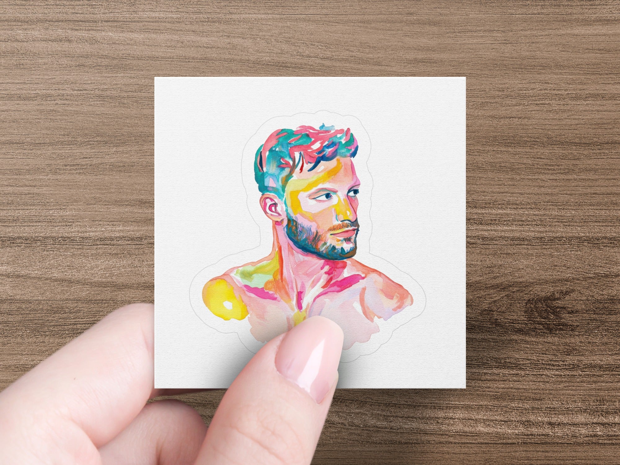 Watercolor bust sticker of a man with vibrant, colorful hair and beard.
