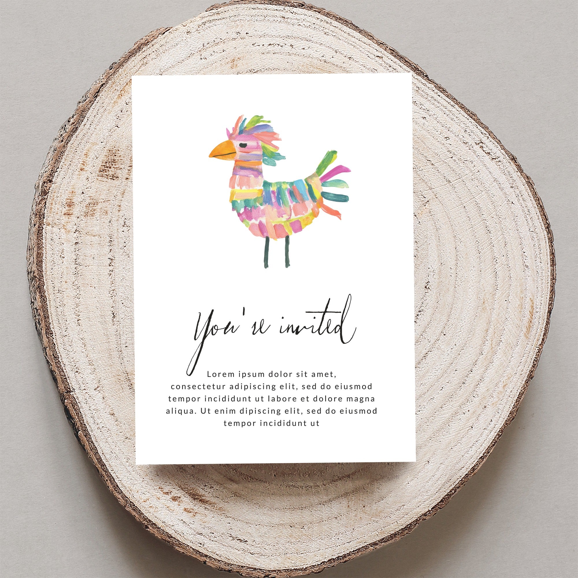 Watercolor piñata invitation with "You're invited" and placeholder text.