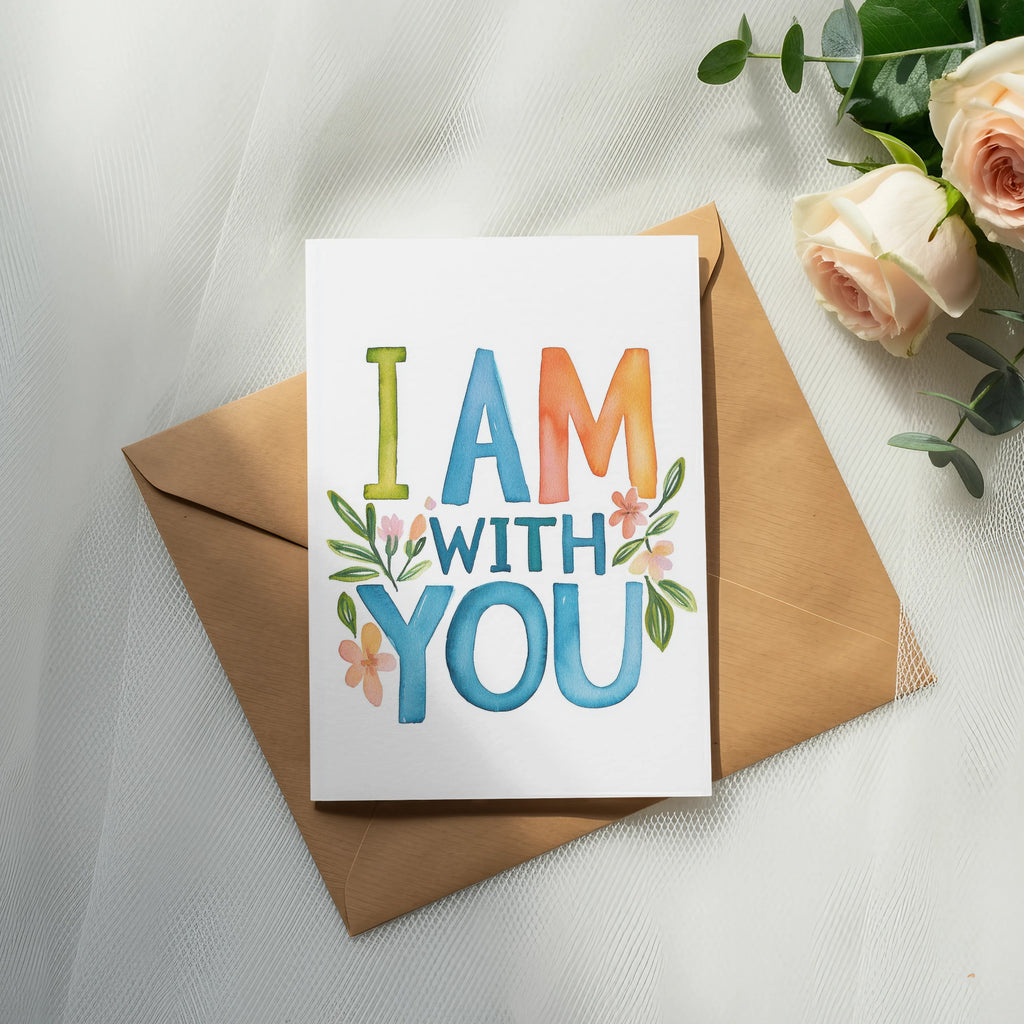 Card with "I AM WITH YOU" in colorful watercolor lettering on an envelope.