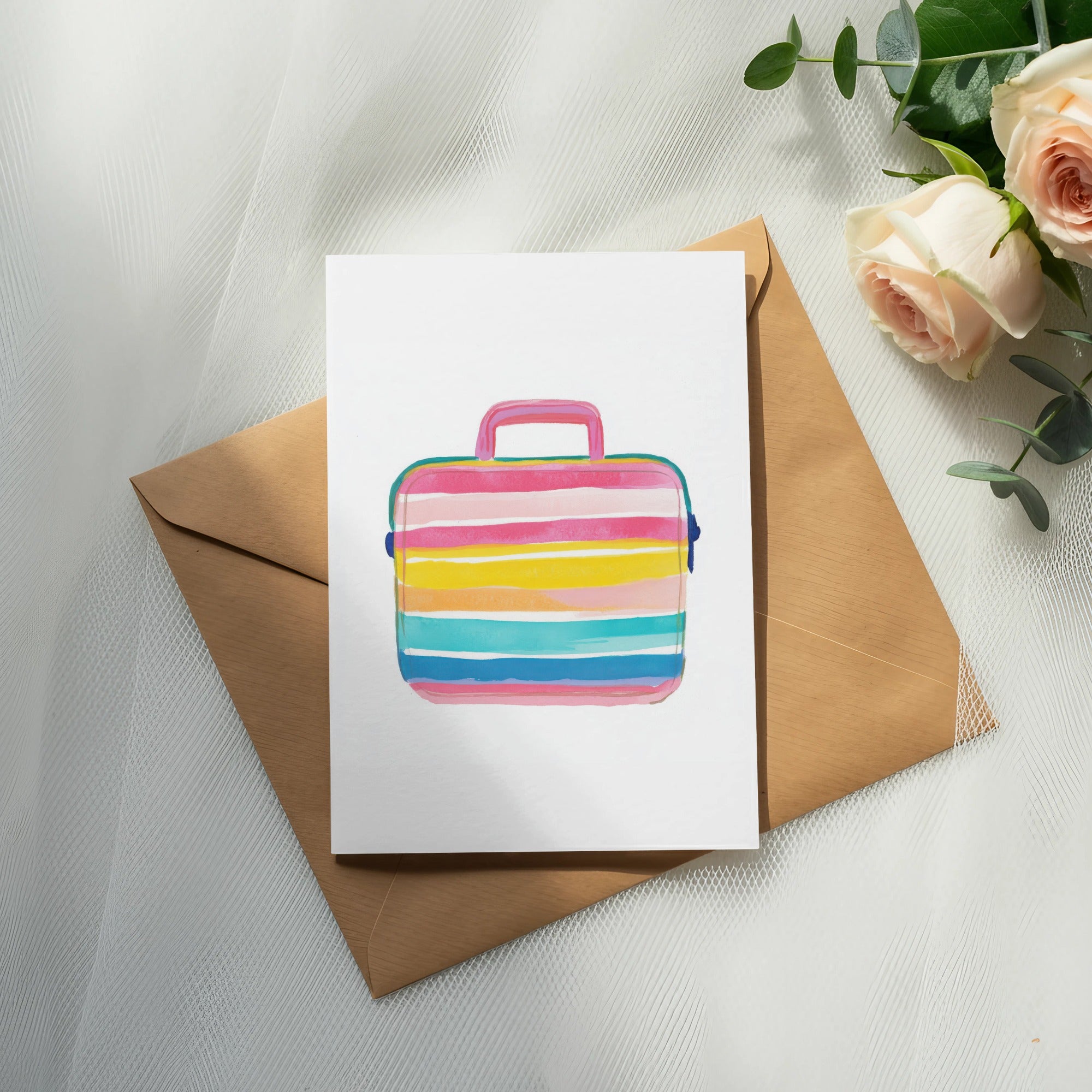 Watercolor illustration of a colorful striped briefcase on a kraft envelope.