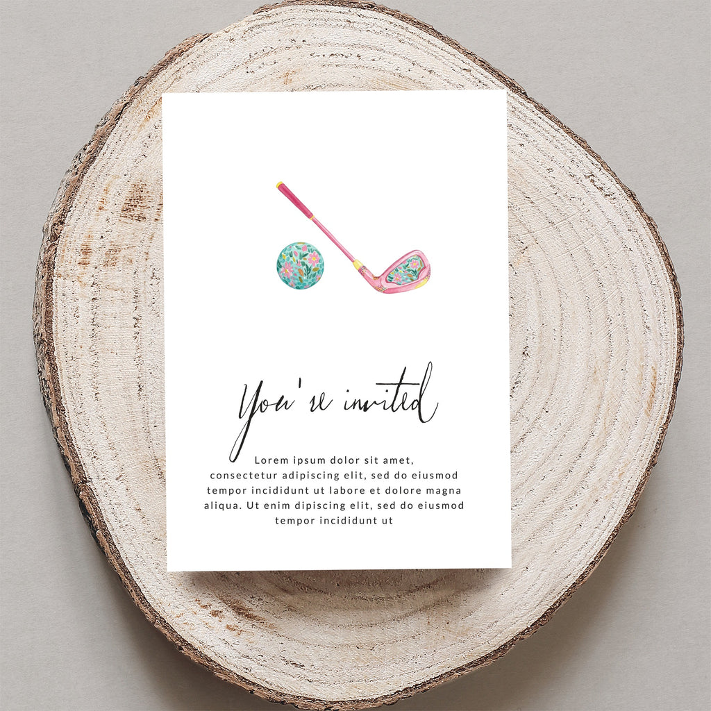 Pink golf club and ball on a "You're invited" card.