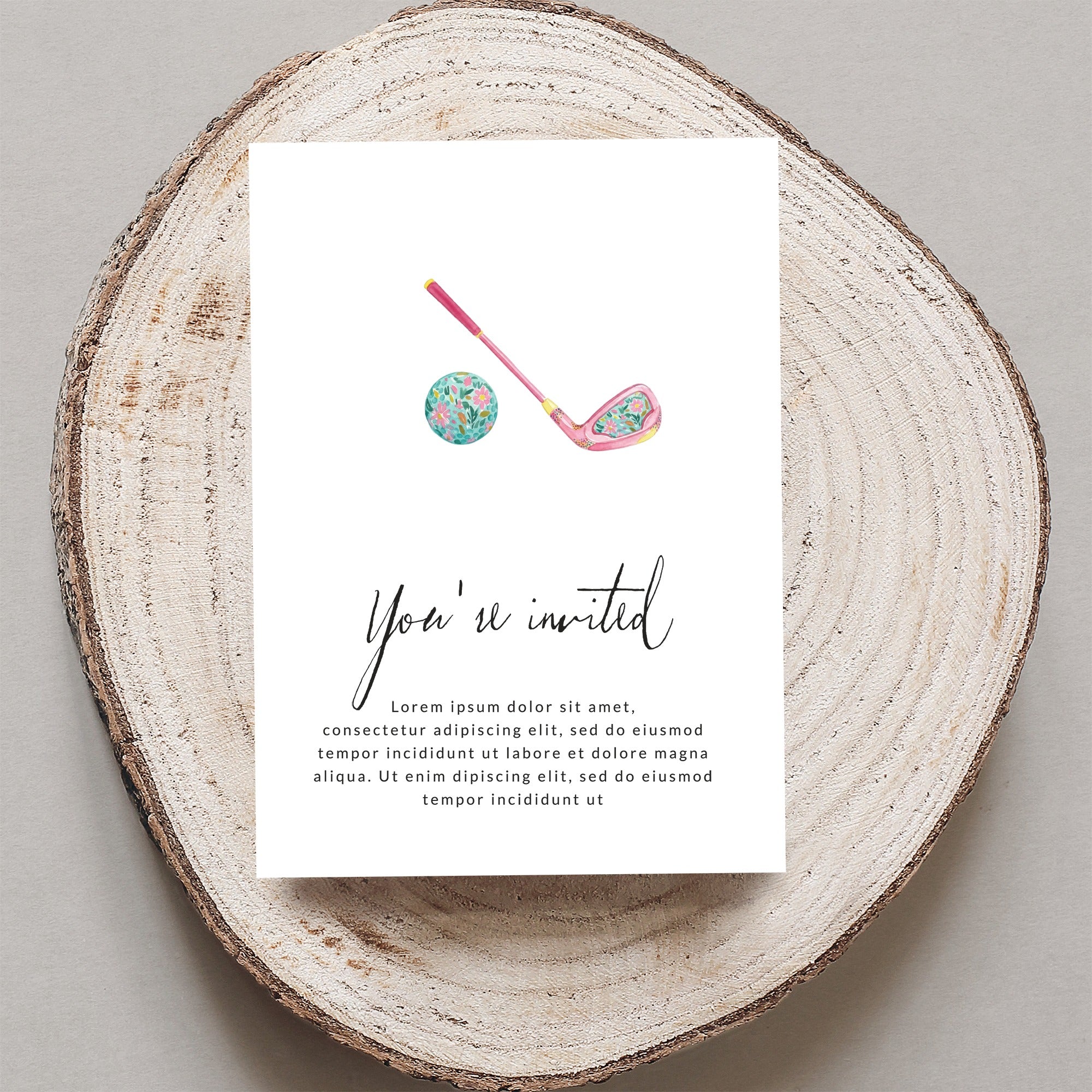Pink golf club and ball on a "You're invited" card.