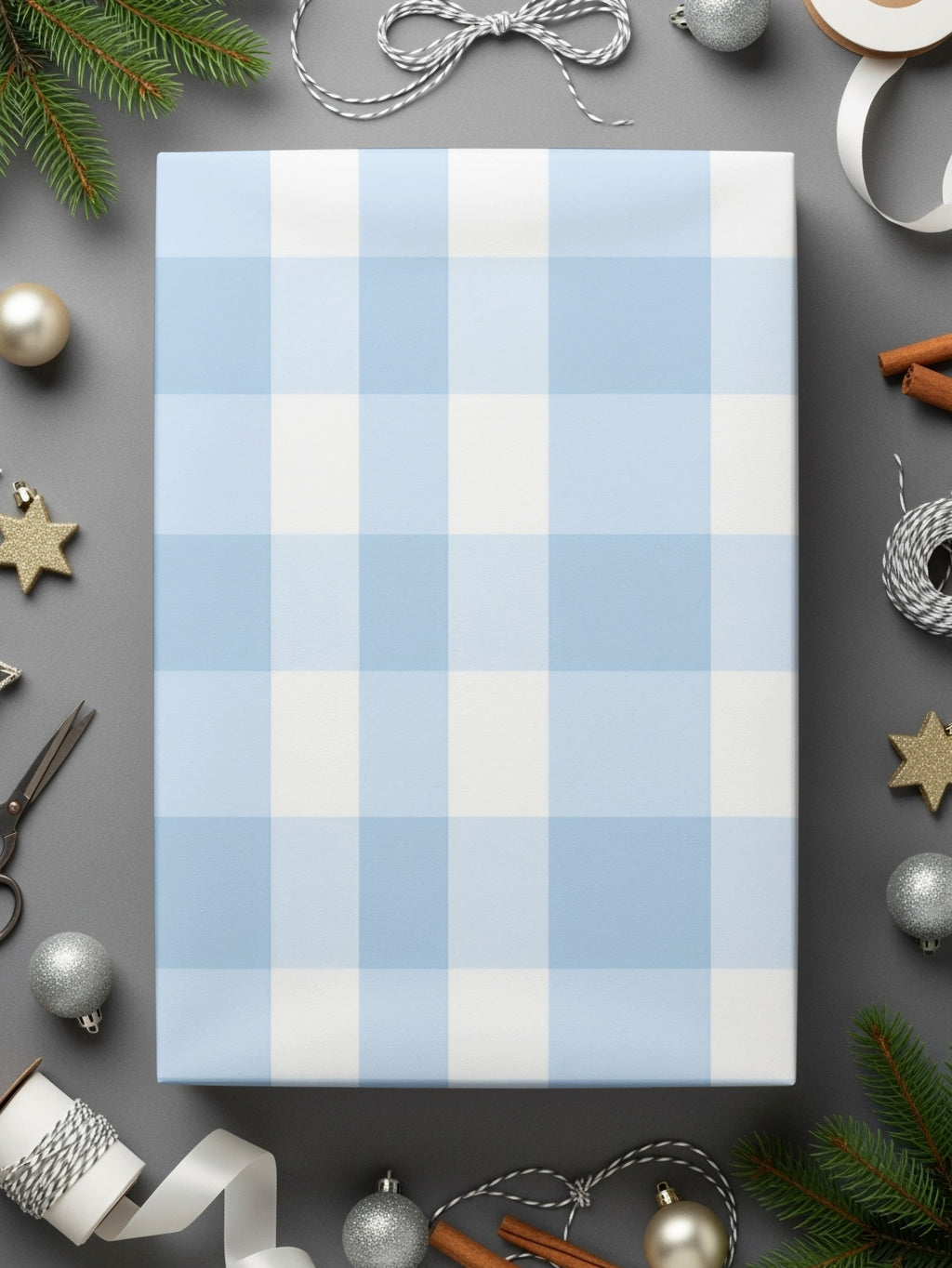 Blue and White Checkered Gift Wrap with Holiday Theme