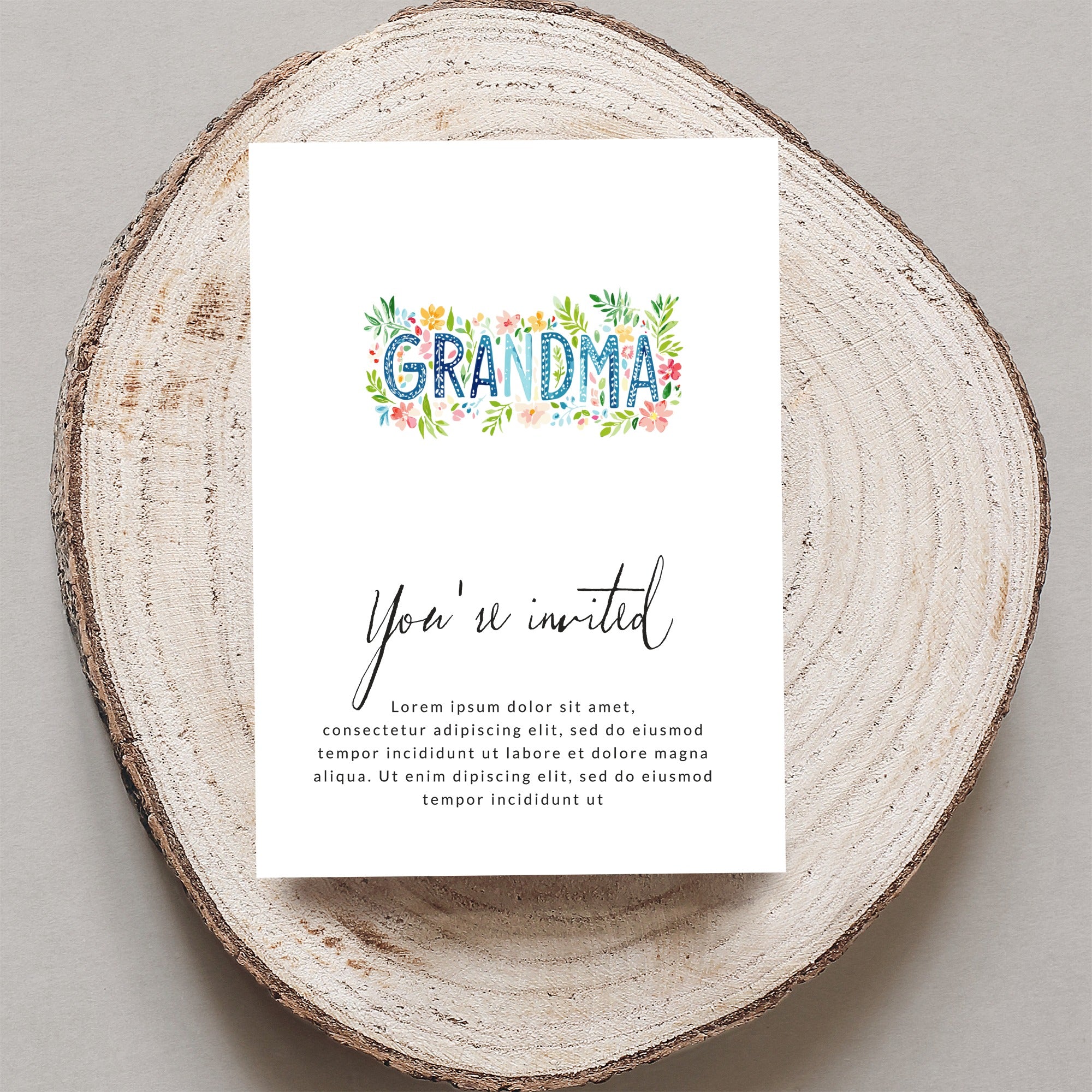Floral "Grandma" invitation with placeholder text.