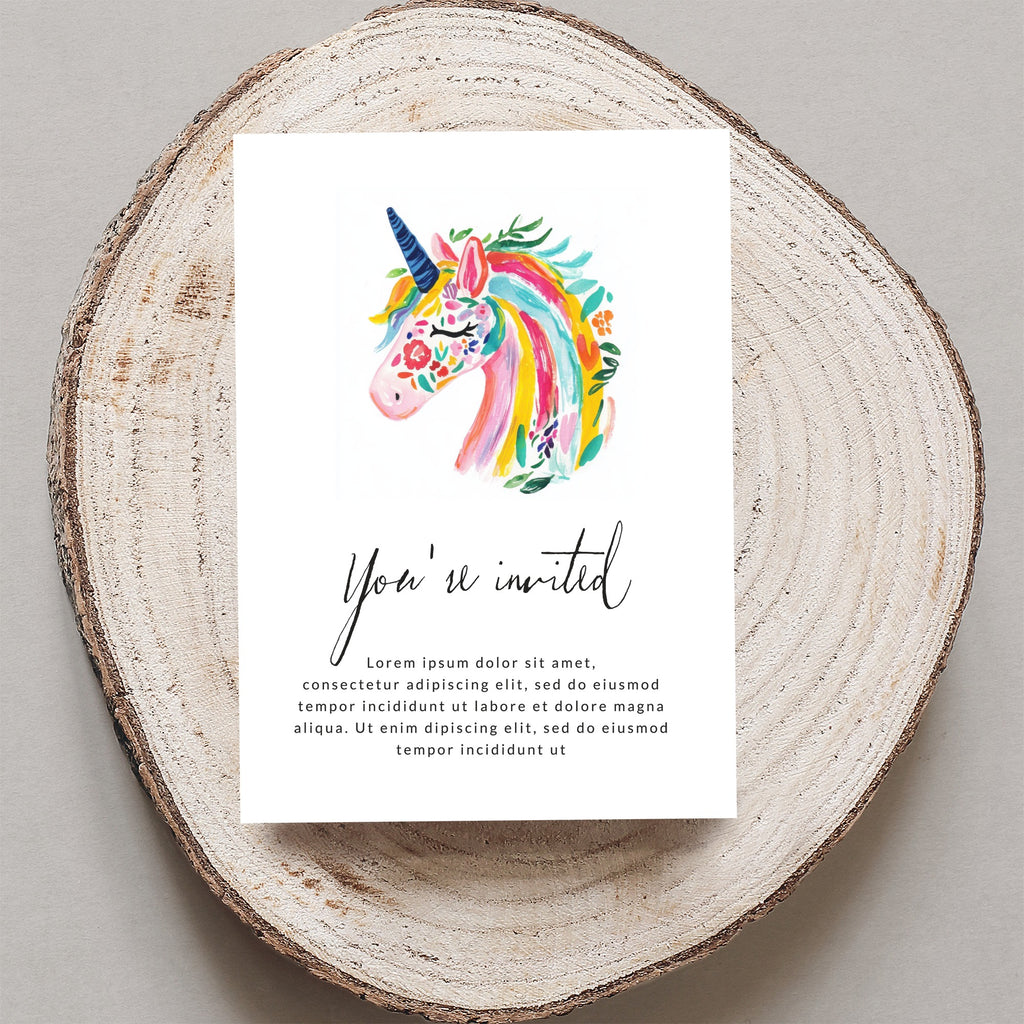 Invitation with colorful watercolor unicorn and "You're invited" text.