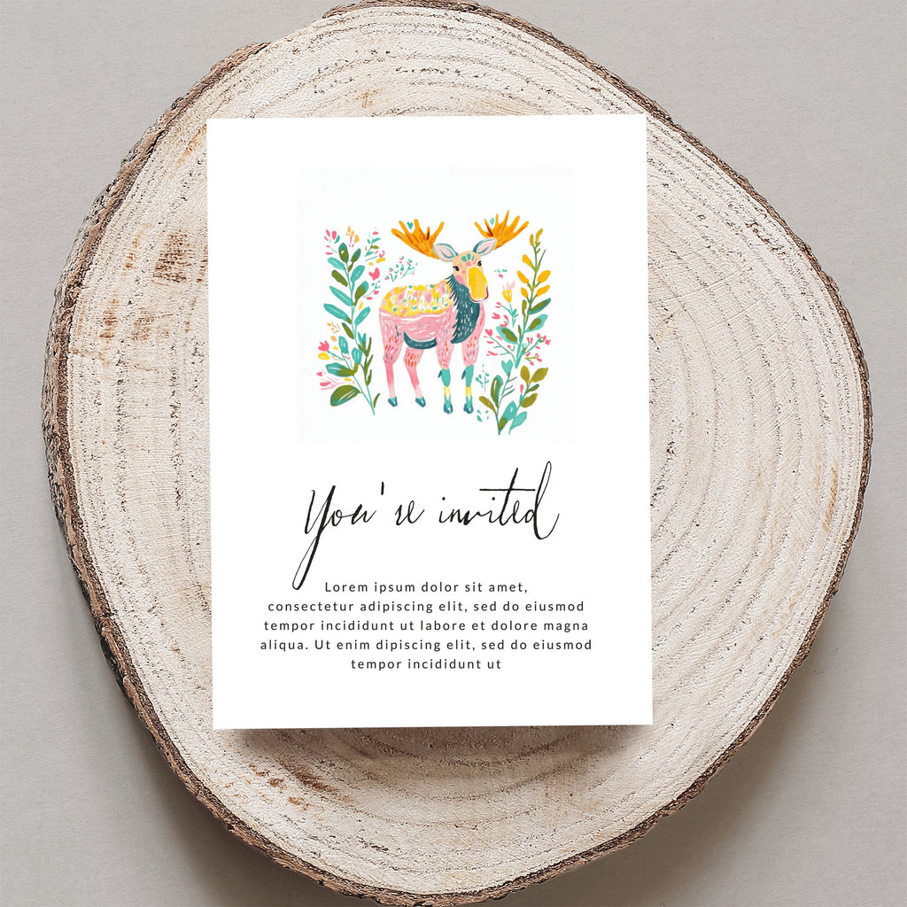 Invitation with floral moose illustration and "You're invited" text.