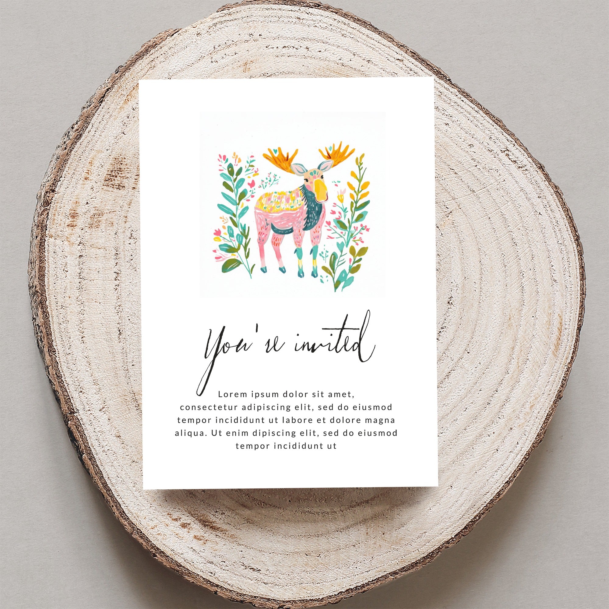 Invitation with floral moose illustration and "You're invited" text.