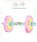 Watercolor dumbbell with floral print and pink and yellow weights.