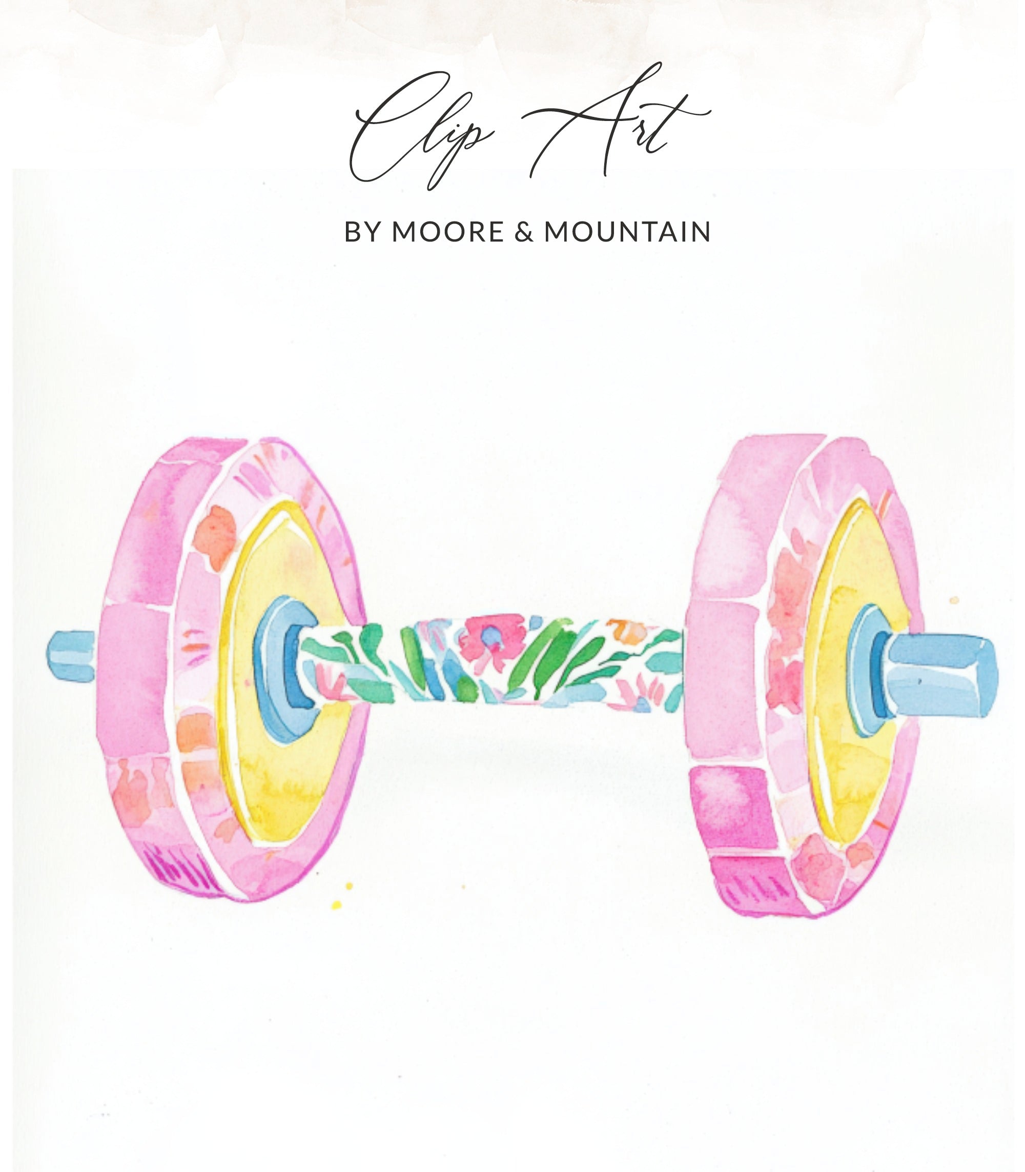 Watercolor dumbbell with floral print and pink and yellow weights.