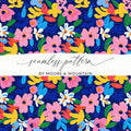 Seamless pattern with colorful abstract flowers and leaves on a dark blue background.