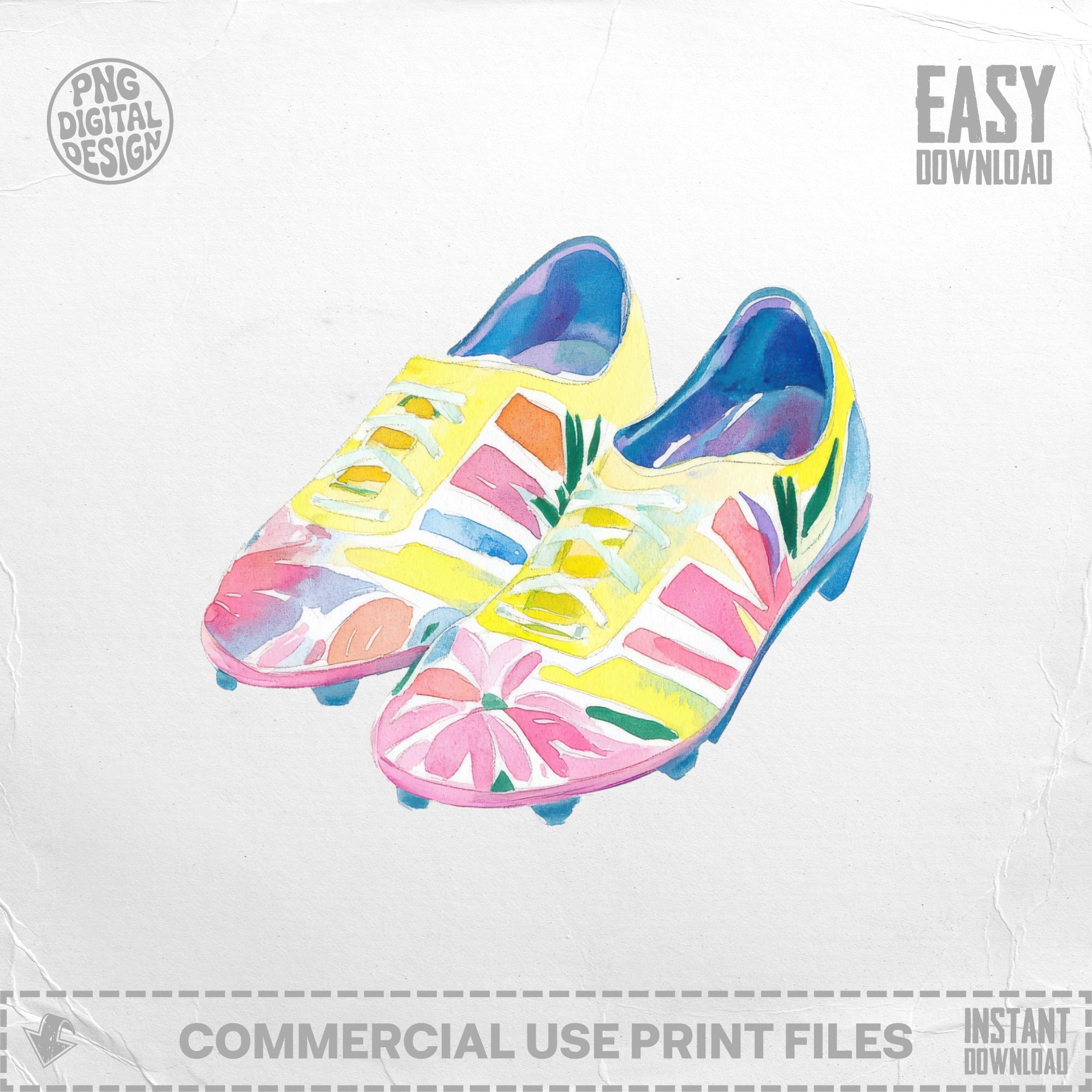 Watercolor soccer cleats with floral accents and "easy download" text.