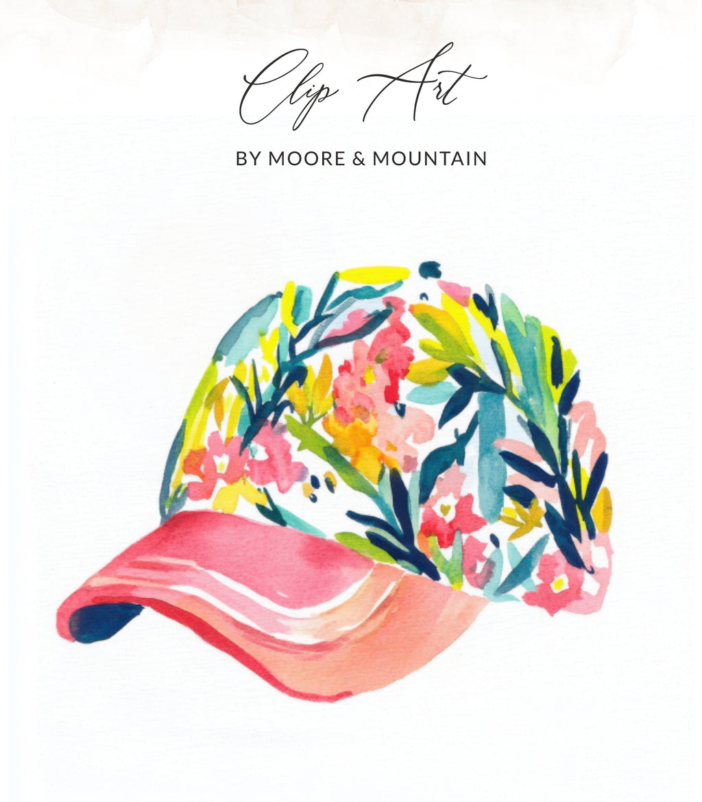 Watercolor floral baseball cap with "Clip Art By Moore & Mountain" text.