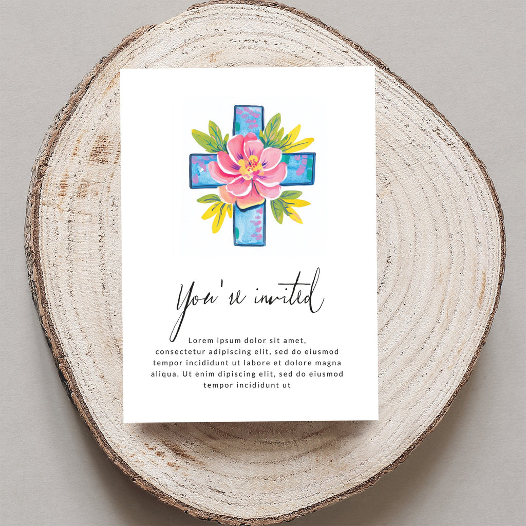 Invitation with floral cross and "You're invited" text.