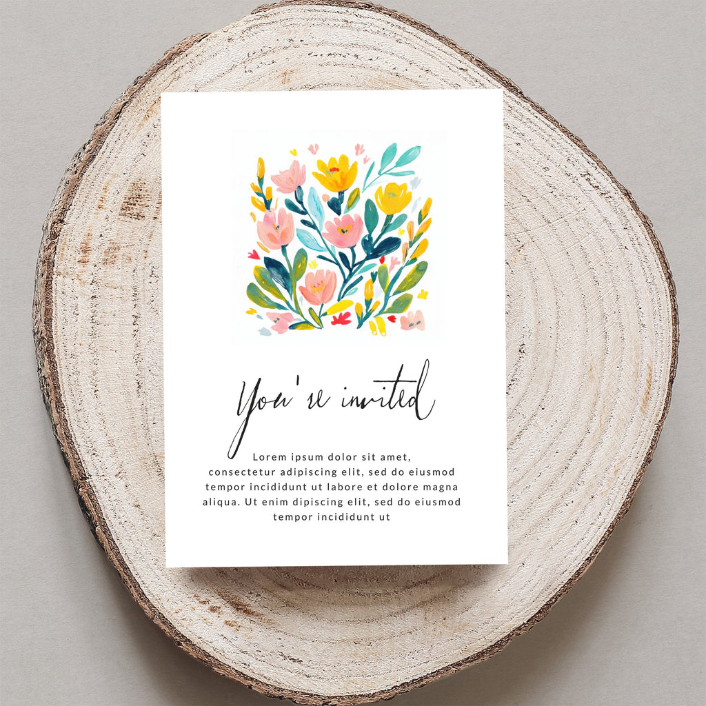 Invitation card with floral illustration and "You're invited" text.