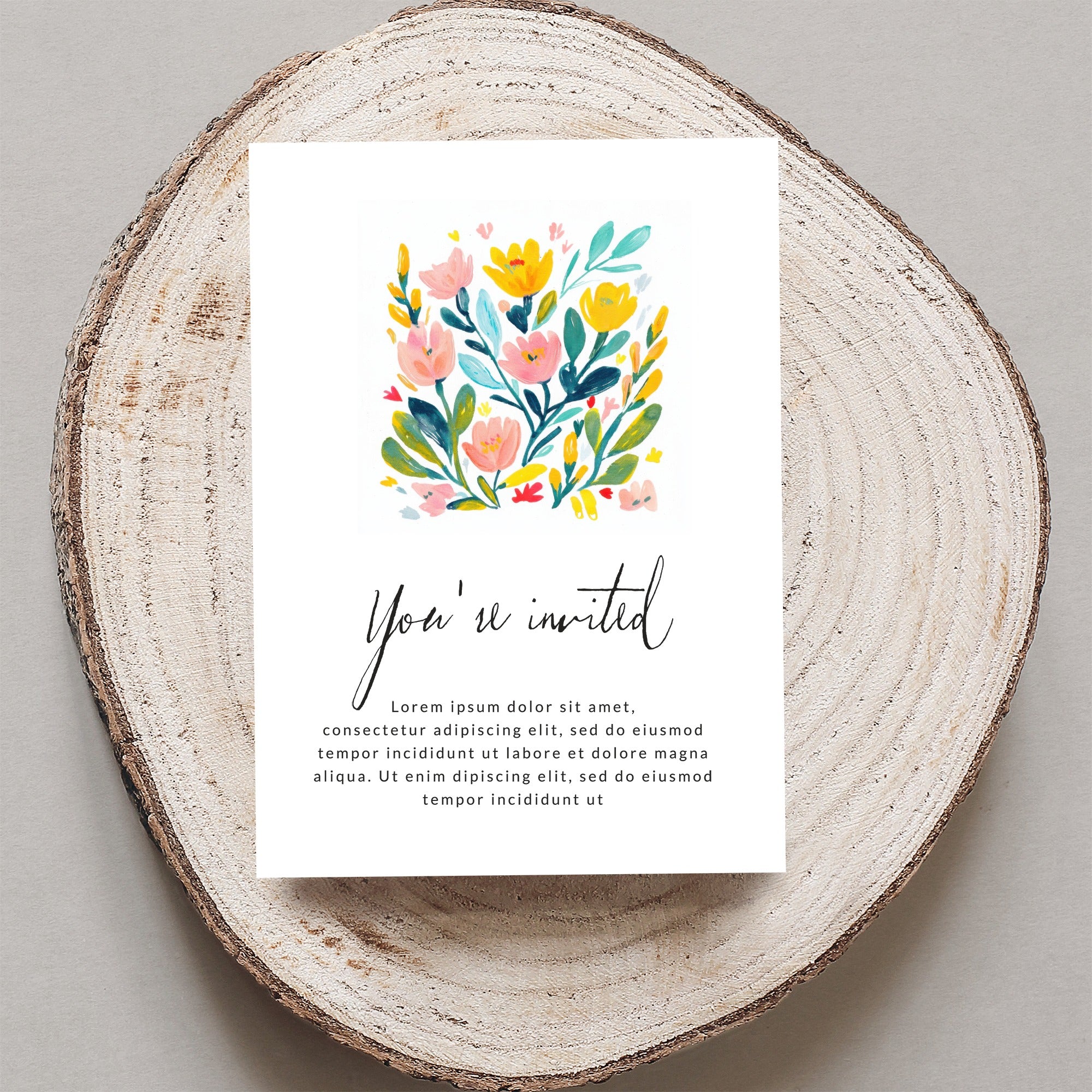 Invitation card with floral illustration and "You're invited" text.