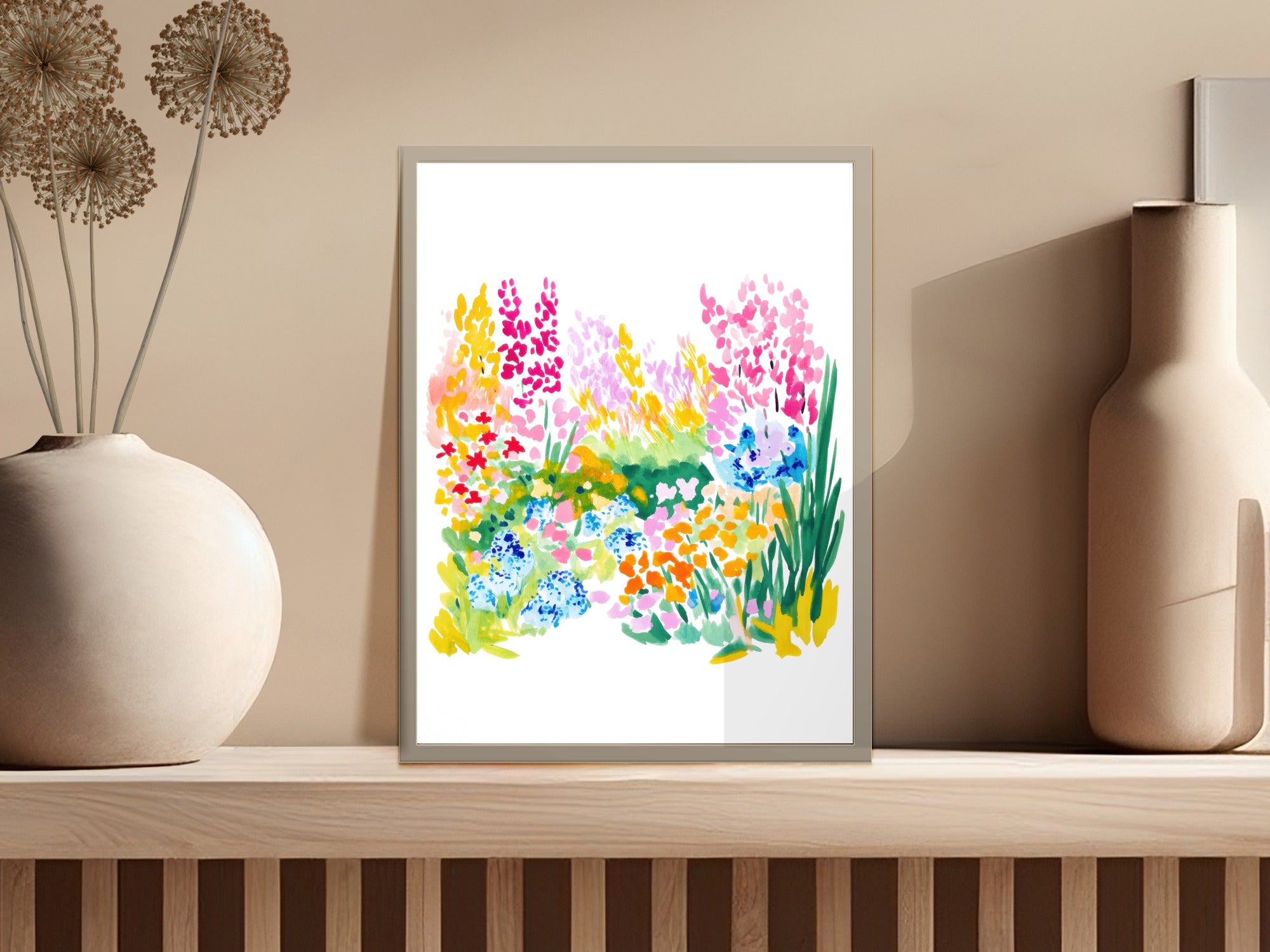 Watercolor painting of a colorful garden with pink, blue, and orange flowers.