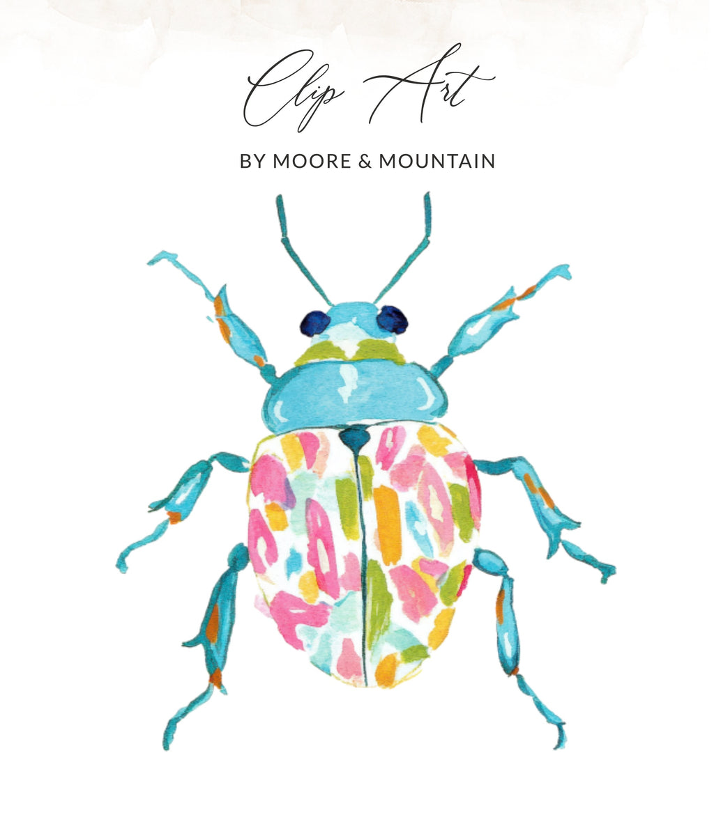 Watercolor beetle with colorful splotches, text "Clip Art BY MOORE & MOUNTAIN".