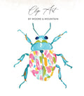 Watercolor beetle with colorful splotches, text "Clip Art BY MOORE & MOUNTAIN".