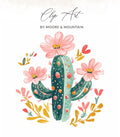 Watercolor cactus with pink flowers and green leaves, "Clip Art" title.