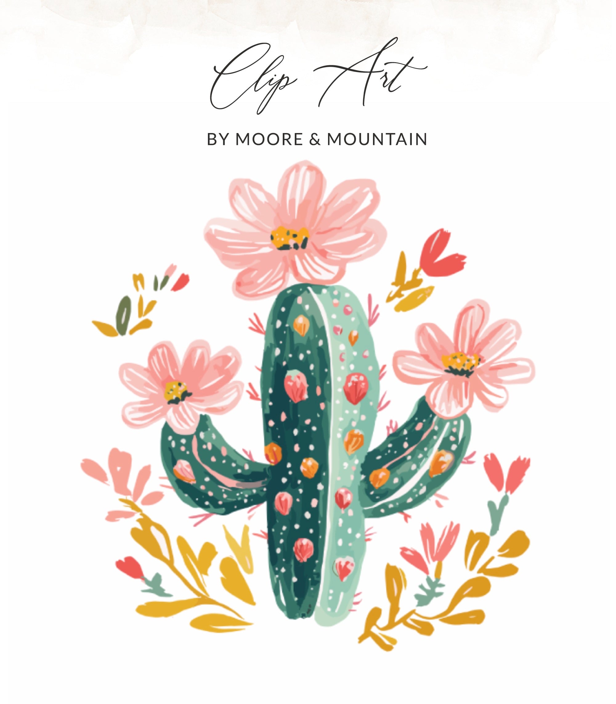 Watercolor cactus with pink flowers and green leaves, "Clip Art" title.