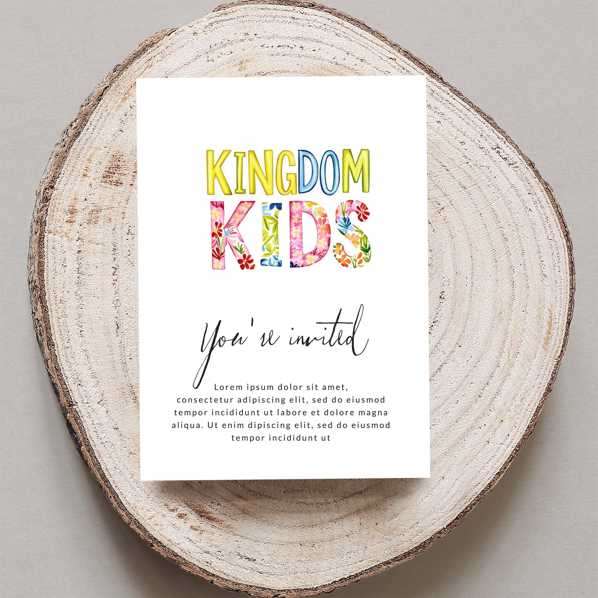 Kingdom Kids invitation with floral lettering and placeholder text.