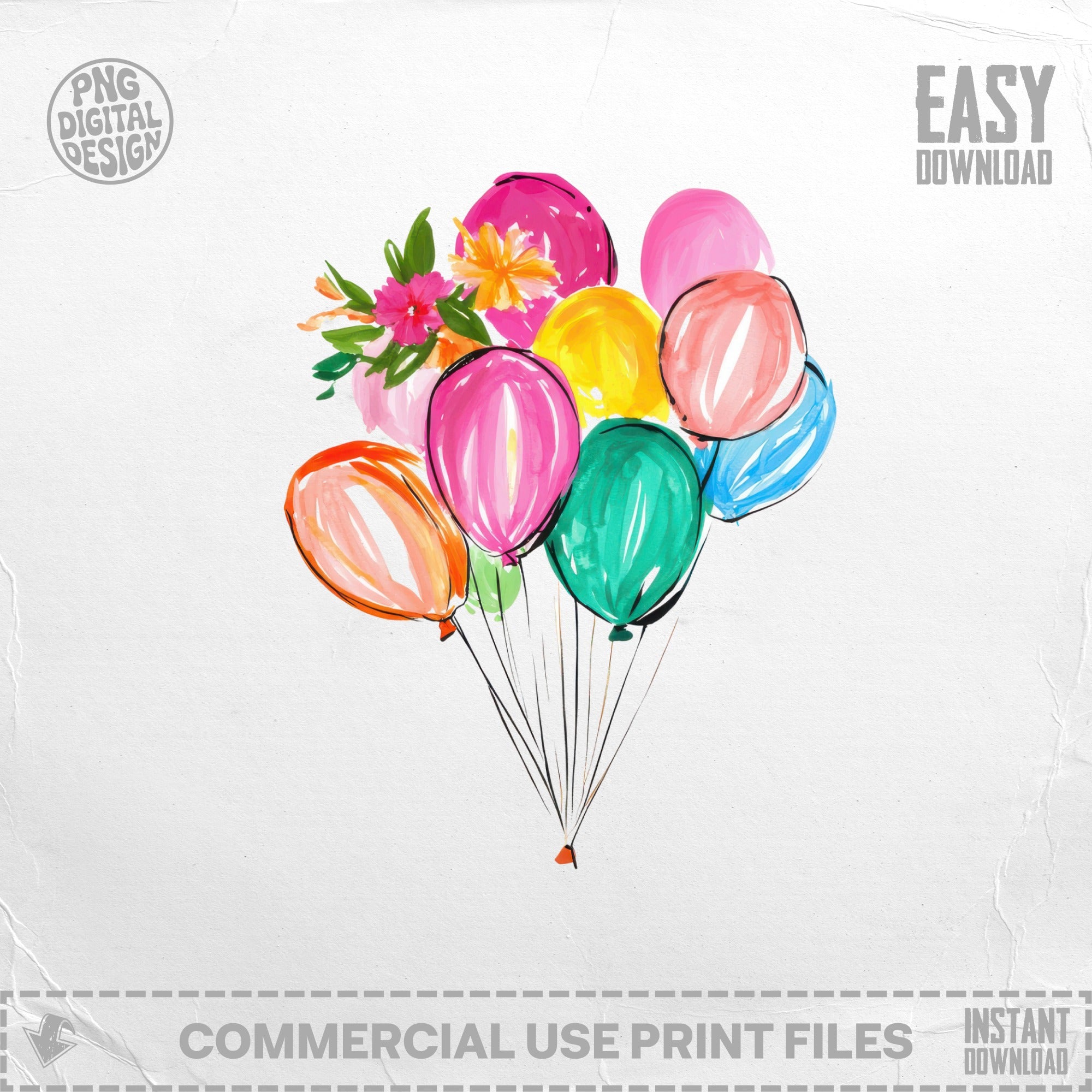 Bunch of colorful watercolor balloons with flowers on a white background.