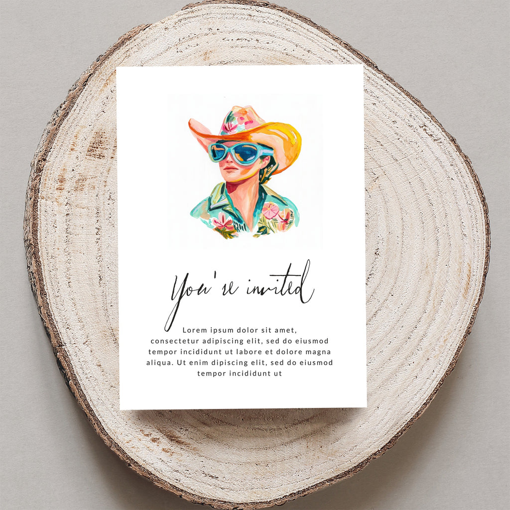 Invitation with watercolor illustration of a person in a cowboy hat and sunglasses.