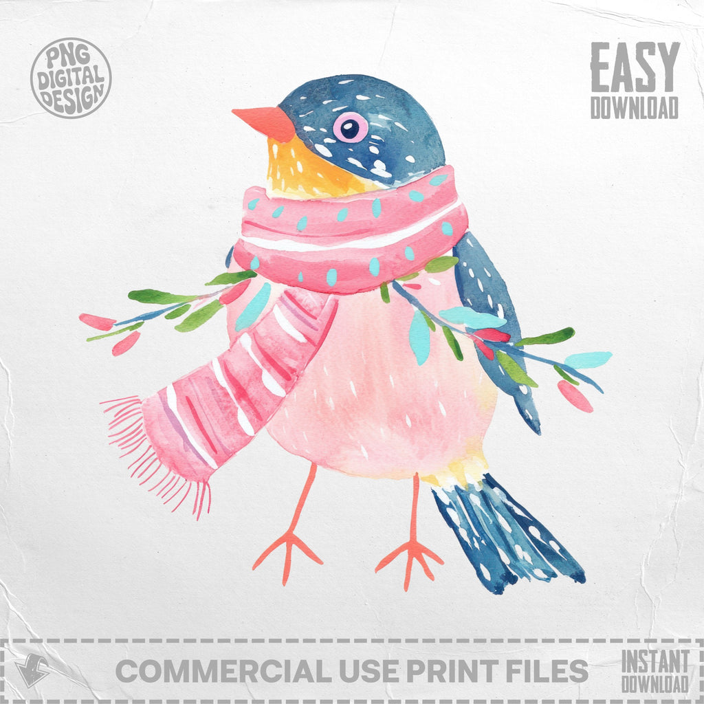 Watercolor bird wearing a pink scarf, with "EASY DOWNLOAD" text.