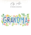 "Grandma" text art with floral accents and "Clip Art by Moore & Mountain" header.