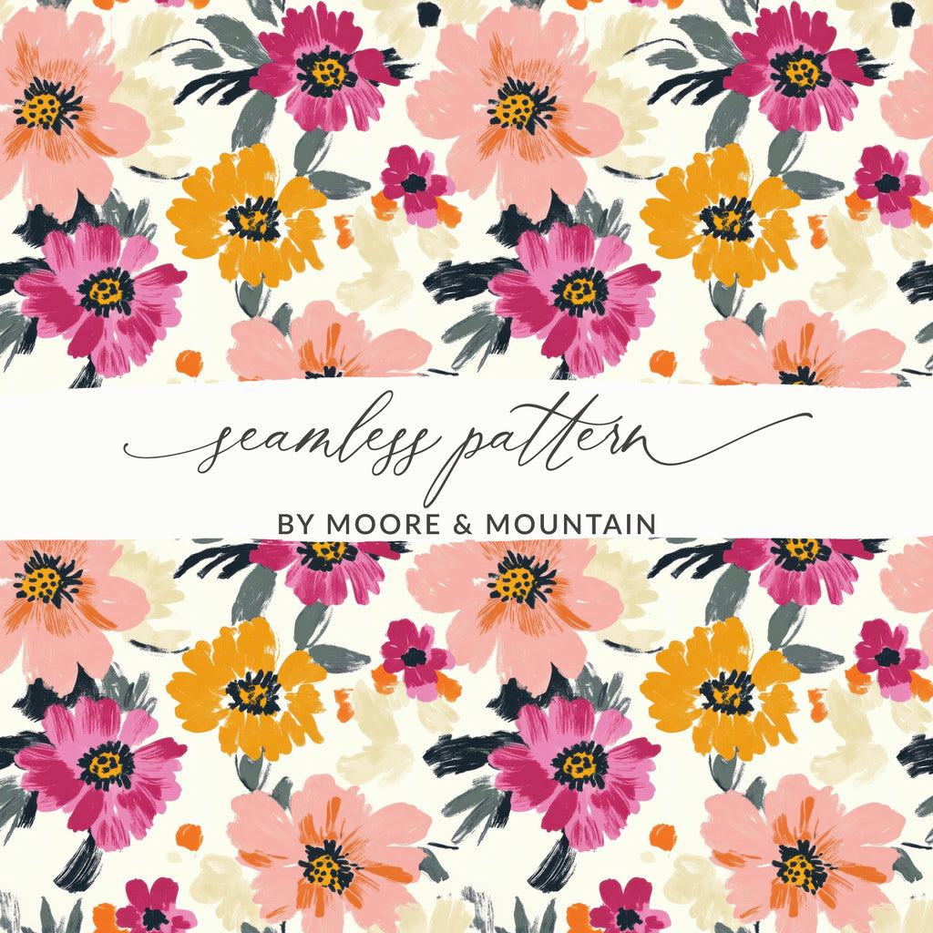 Seamless floral pattern with pink and yellow blossoms on a cream background.